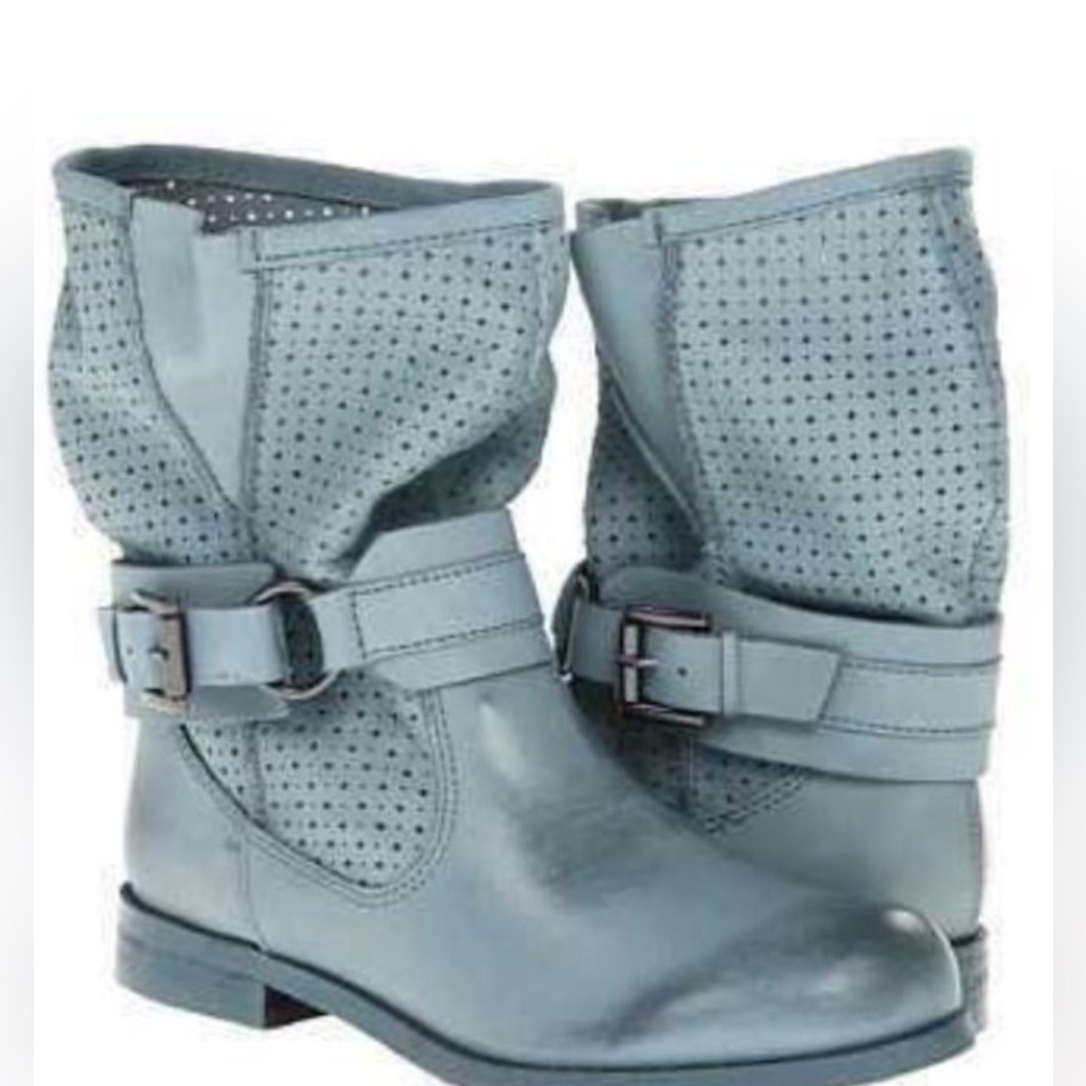 Mojo Moxy Light Blue Perforated Mid-Calf Heeled Boots